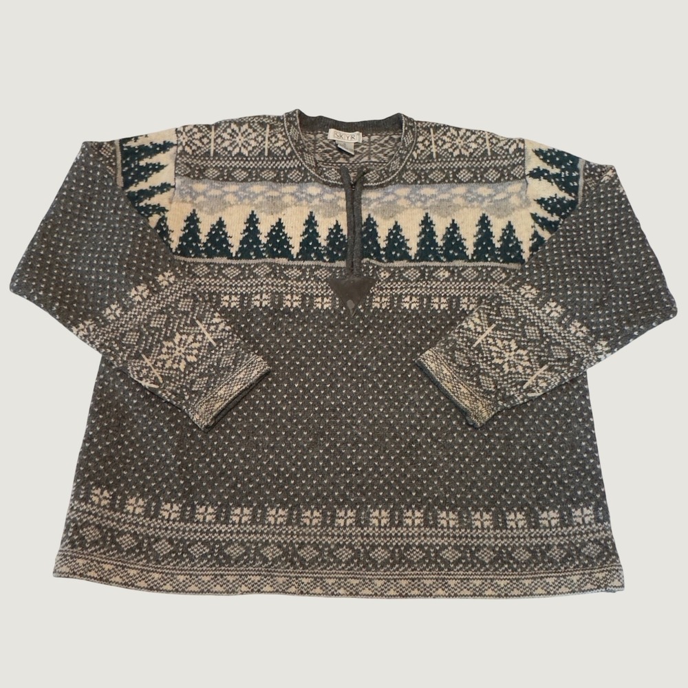 Skyr Vintage 100% Wool Fair Isle Tree Pattern Quarter Zip Sweater Grey Mens M